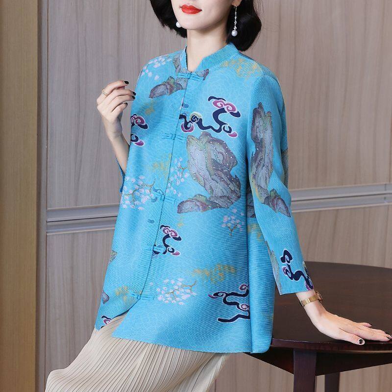 Áo sơ mi mùa thu áo sơ mi xếp ly dáng rộng màu xanh dương cổ đứng thời trang áo sơ mi cỡ lớn mới 2022 có khóa cổ điển tay lỡ