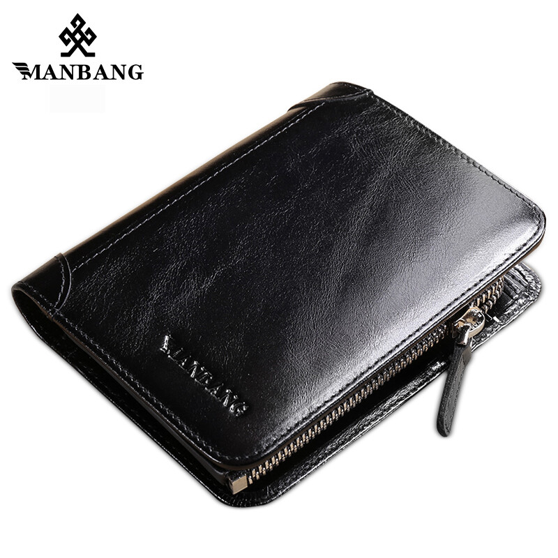 Ví nam thương hiệu manbang ví da bò gấp ba lớp chất lượng cao chính hãng ngắn chính hãng, thời trang dây kéo túi đồng xu