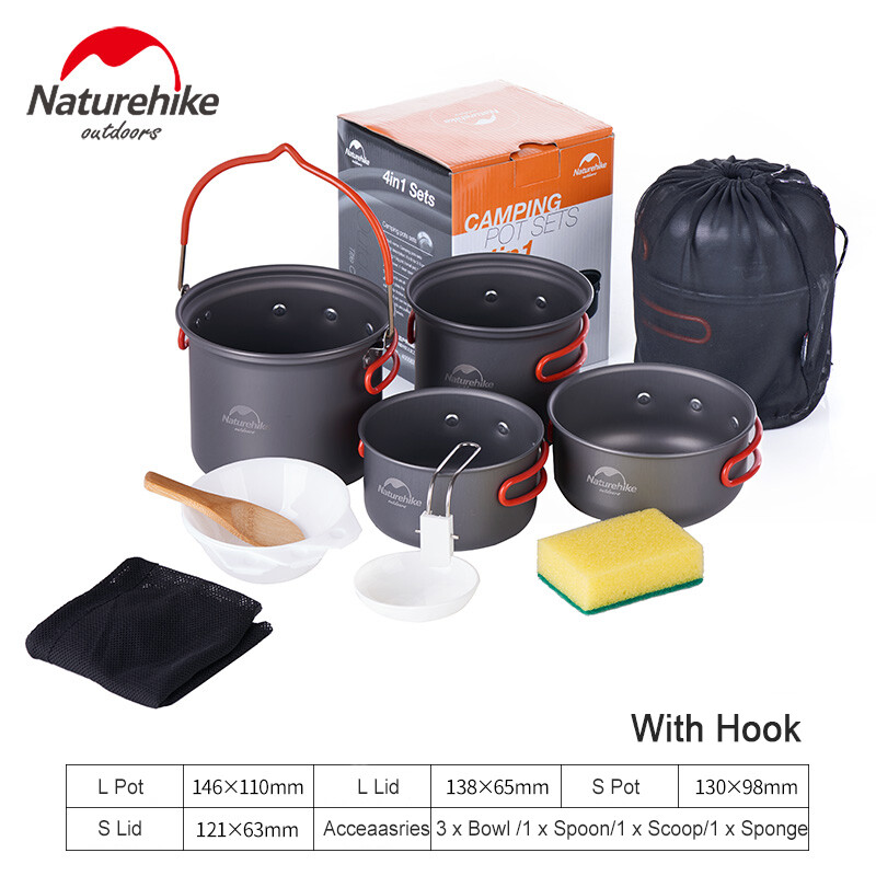 Ngoài trời NatureHike 4 trong 1 xách tay đồ nấu nướng Bộ nồi hợp kim nhôm bền dụng cụ nấu ăn 2-3 người bộ nấu bếp NH18T018-G