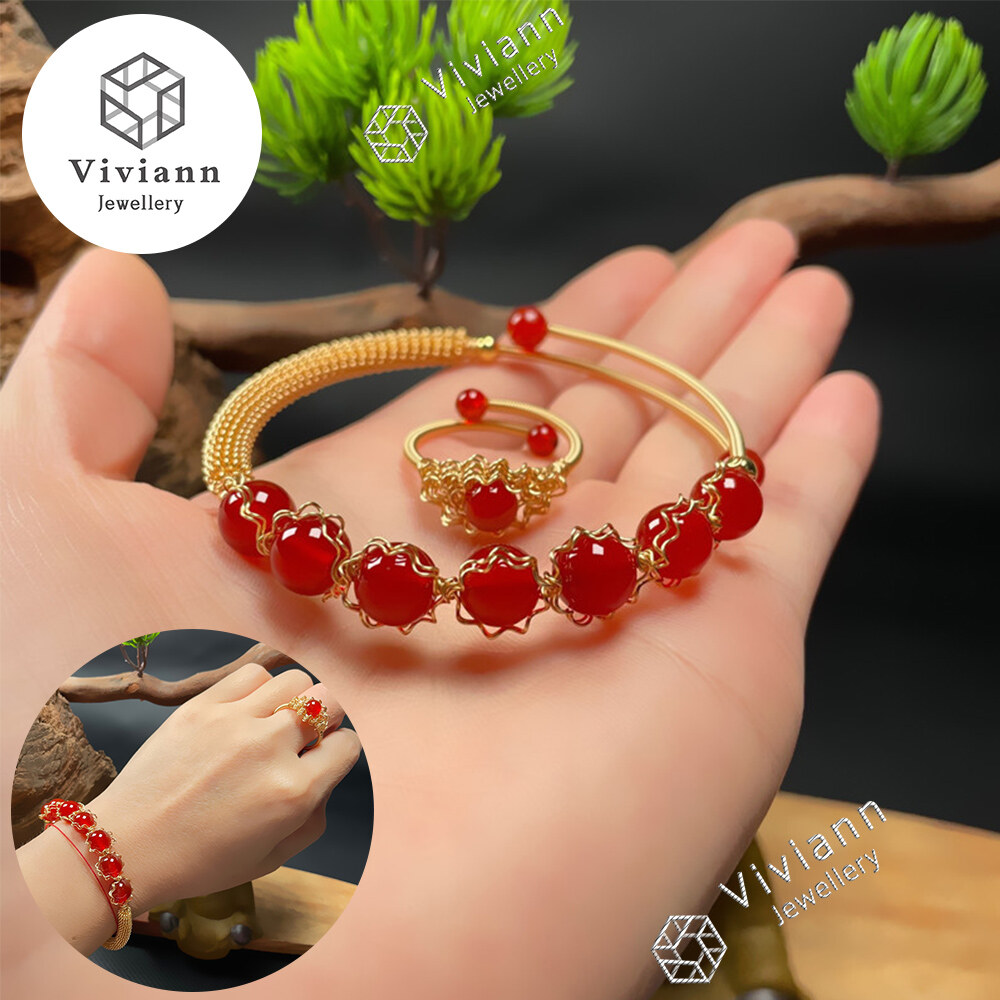 Viviann 2 Cái/1 Bộ, Vòng Tay Mã Não Đỏ Tự Nhiên Vàng 18K + Bộ Trang Sức Nhẫn Vòng Tay & Vòng Đeo Charm Vòng Tay Ngọc Bích Màu Đỏ Cho Phụ Nữ Vòng Trang Sức Mặt Dây Chuyền Hạt Điều Chỉnh Được Quà Tặng Cho Phụ Nữ