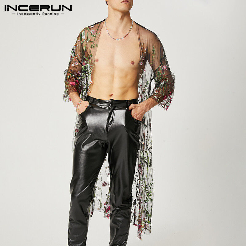 INCERUN Áo Sơ Mi Nam Tay 3/4 Áo Khoác Thêu Hoa Xuyên Thấu Áo Khoác Kimono Áo Khoác Cardigan (Phong Cách Phương Tây)