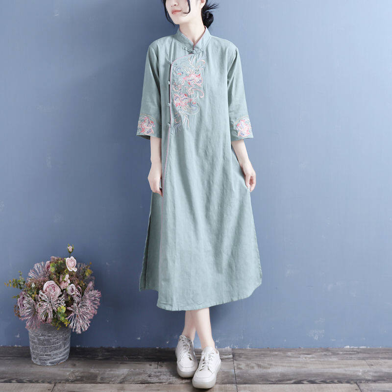 Chân Váy Dài Văn Học Cổ điển Phong Cách Trung Quốc Váy Cotton Lanh Nghề Thêu Váy Hoa Váy đi Tiệc Cưới Quần áo Trà Thiền