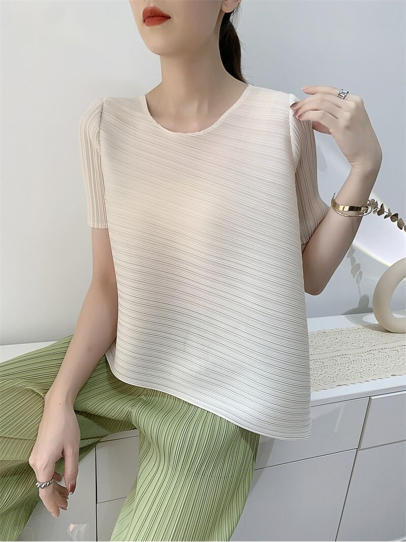 ☜❀■ Issey Miyake Miyake Pleated Top Women's 2022 Summer New Loose Large Size Elastic Fabric Temperament All-Match Short-Sleeved T-Shirt