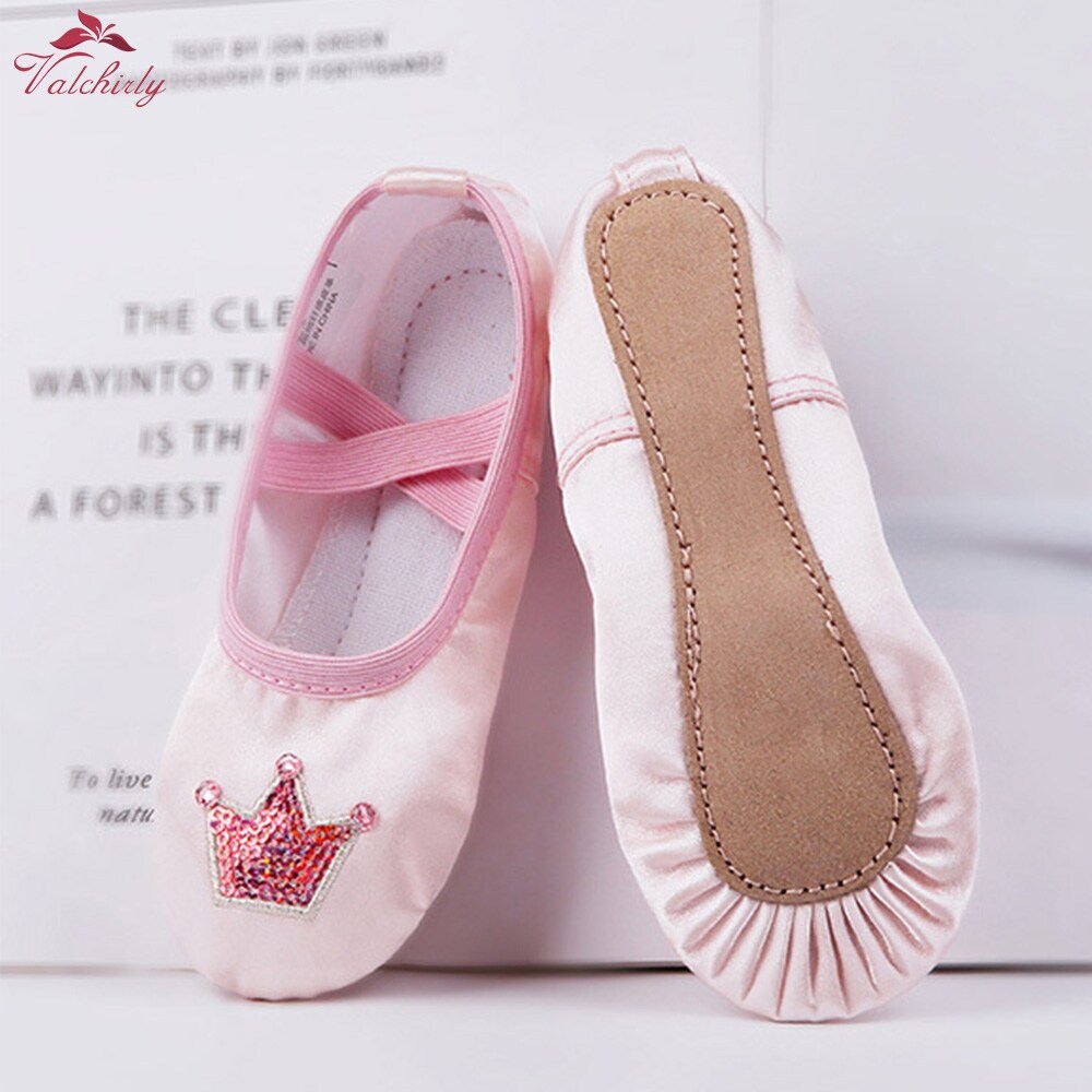 [Hot] High Quality Girls Kids Full Sole Ballet Shoes Satin Pointe Shoes Dance Slippers Ballerina Crown Sequins Decoration