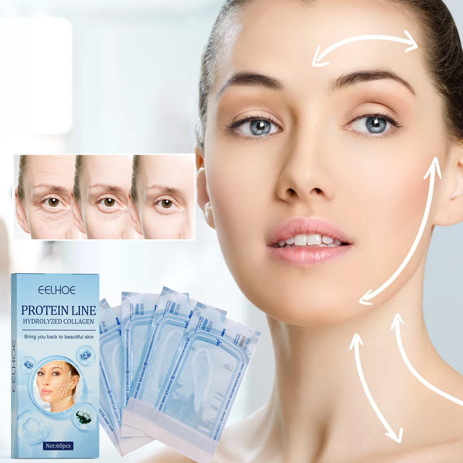 60 Cái/bộ 14G Đường Protein Collagen Thủy Phân Làm Sáng Nâng Và Thắt Chặt Dưỡng Ẩm Chống Nhăn Căng Da Không Cần Kim Giảm Nếp Nhăn Chỉ Collagen Cho Chủ Đề Collagen Unisex Thủy Phân