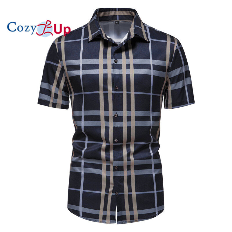 Cozy up áo sơ mi nam mới in kẻ sọc tay ngắn ôm vừa vặn ve áo thường nhật