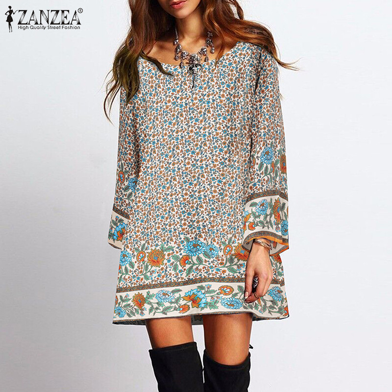 Zanzea đầm mini hoa cổ điển boho mùa hè cho nữ đầm chữ a cổ tròn