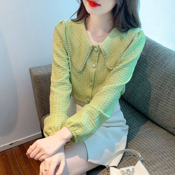 GIANA LONG SLEEVE SILK TOP, BAMBOO GREEN LEAFY BABE METALLIC SILK CLIP