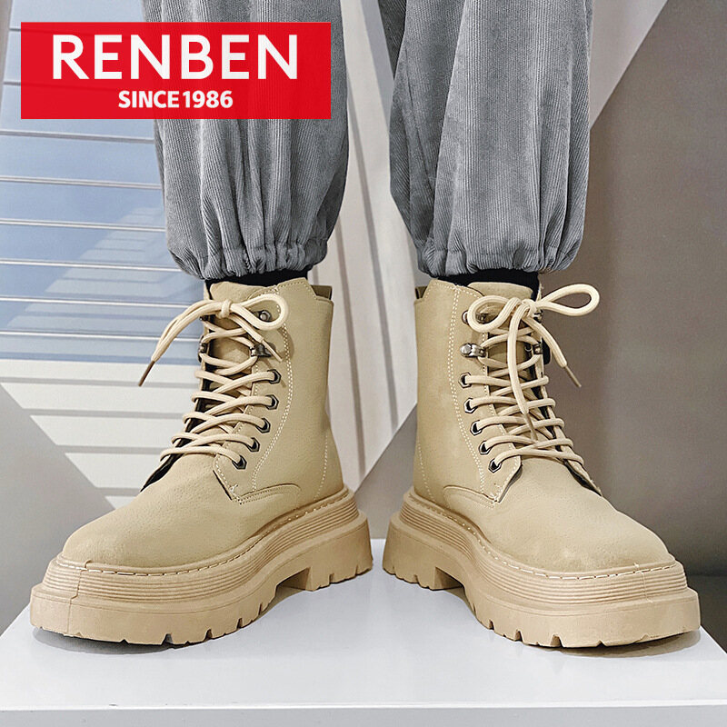 Renben giày nam mới, bốt martin, bốt da cổ cao màu đen, phong cách anh, xu hướng quốc gia, xu hướng hồng kông, bốt da đi xe máy, giày