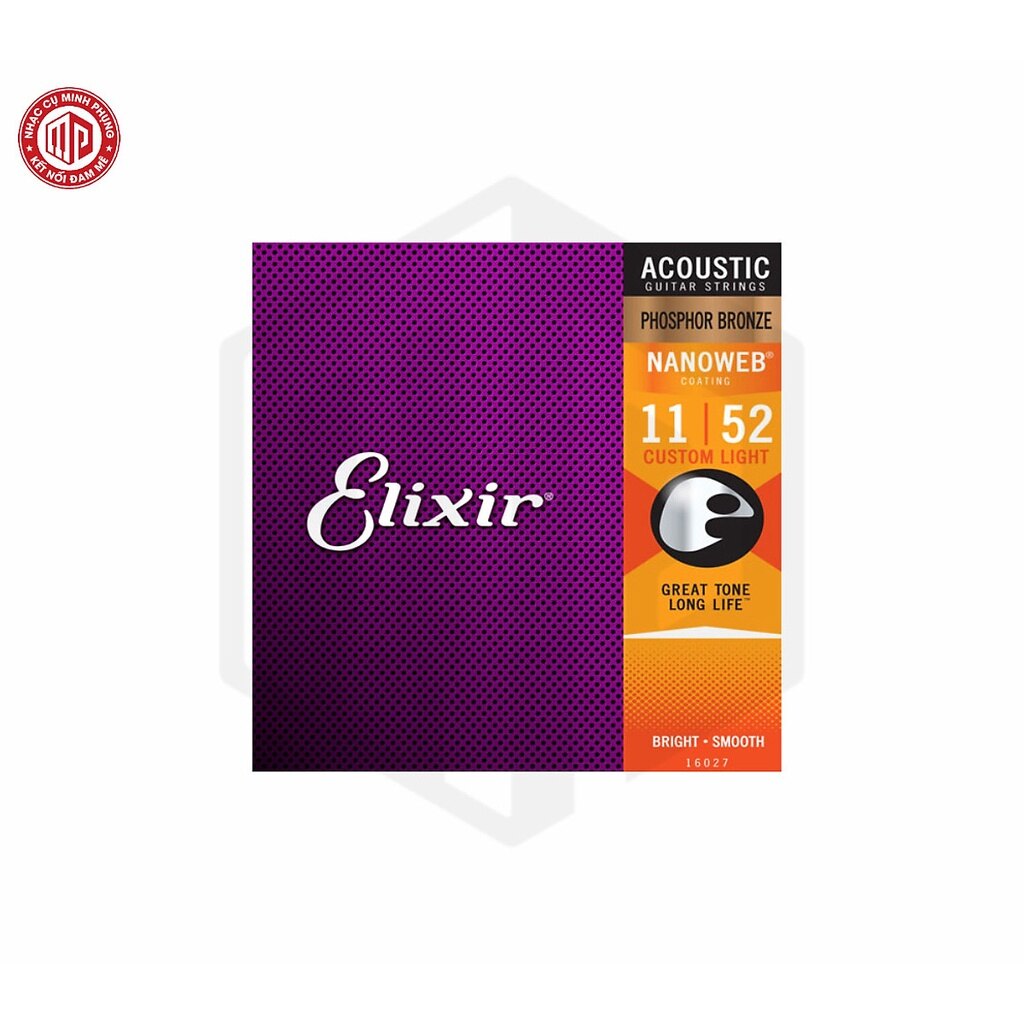 Bộ dây đàn elixir 16027 nanoweb phosphor bronze acoustic guitar strings 11-52 — e20-16027 - hàng chính hãng