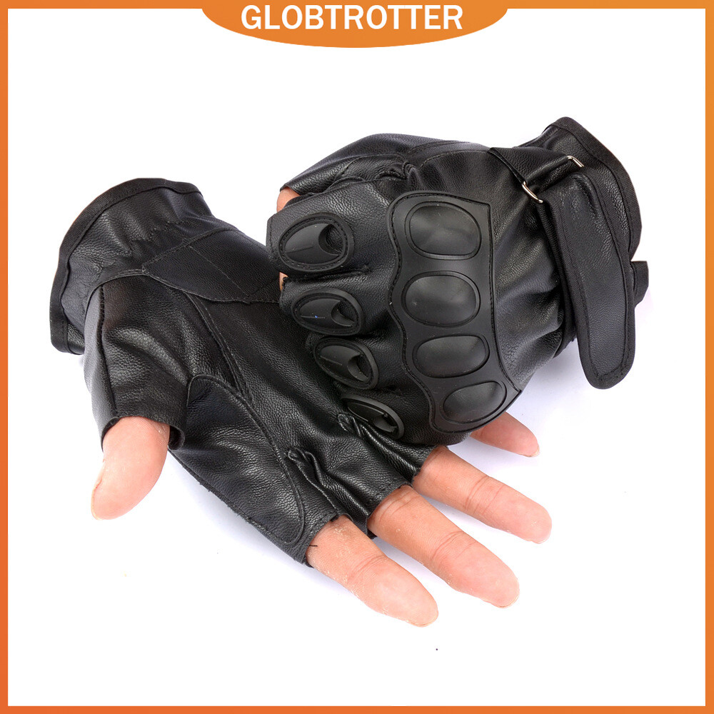 Globetrotter【COD & Hàng sẵn sàng】Găng Tay Nửa Ngón Bằng Da Găng Tay Thể Dục Đạp Xe Cho Nam Và Nữ Găng Tay Nửa Ngón Đi Xe Máy Chống Gió Màu Đen PU Găng Tay Chiến Thuật Quân Đội Găng Tay Nửa Ngón Thể Thao Ngoài Trời