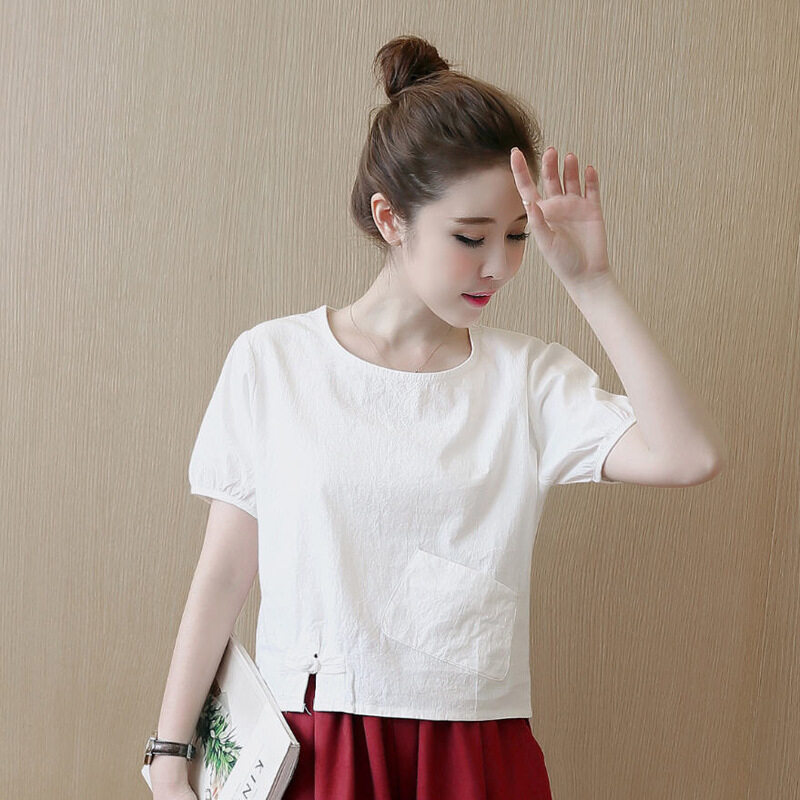 Suitable for Ladies Solid Color Linen Tops, Summer Round Neck Short