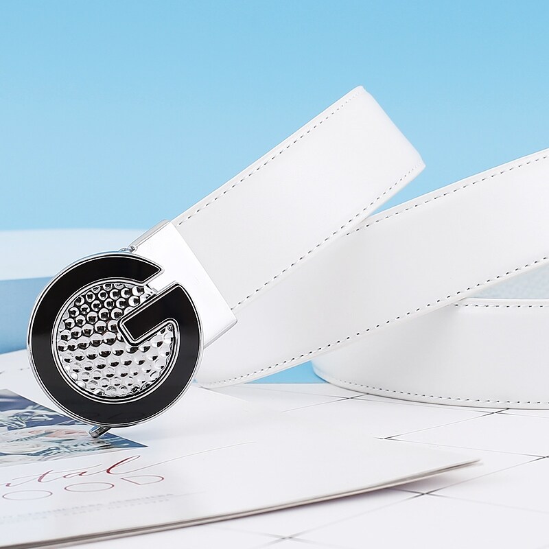 new tide Dây da màu trắng thắt lưng chơi gôn Cho Nam Giới Và Phụ Nữ Với khóa tự động Giản Dị Hợp Thời Trang Quần Da phiên bản Hàn Quốc Những Người Trẻ Tuổi Tất Cả Các Trận Đấu
