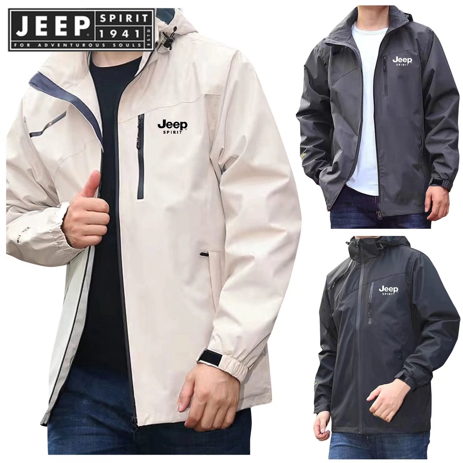 JEEP SPIRIT 1941 ESTD Men's Outdoor Hiking Jacket Waterproof Windproof Jacket Hiking Camping Jacket Removable Hat