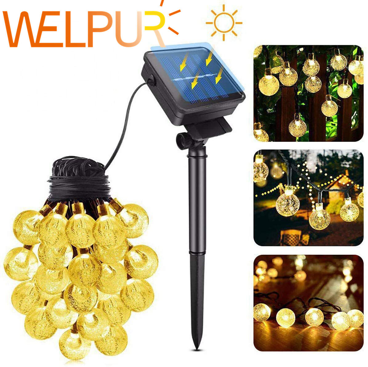 Đèn LED Năng Lượng Mặt Trời Hình Cầu Pha Lê, Đèn Thần Tiên Dây LED Công Suất, Năng Lượng Mặt Trời Vòng Hoa Trang Trí Ngày Lễ Giáng Sinh Sân Vườn Ngoài Trời