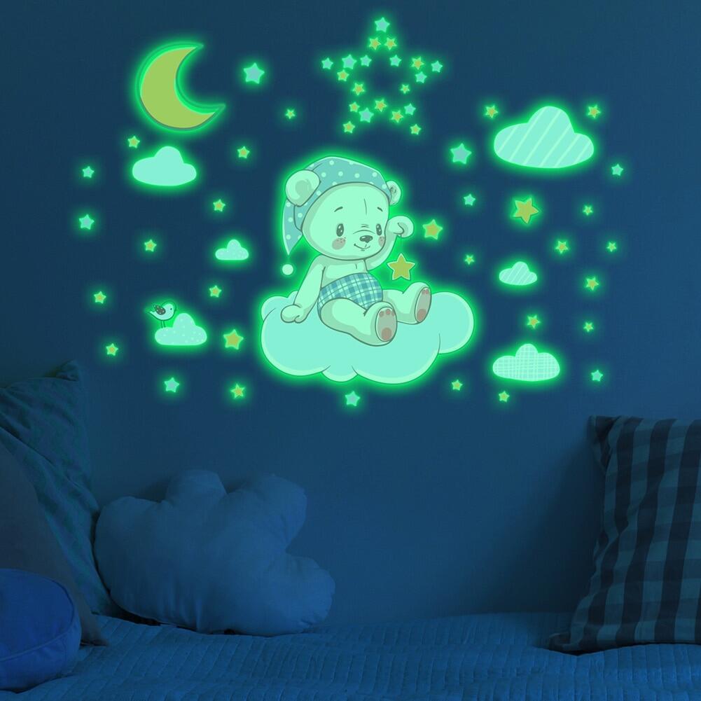 Miếng dán tường dạ quang hình gấu mặt trăng hoạt hình giấy dán tường trang trí phòng ngủ phòng trẻ em