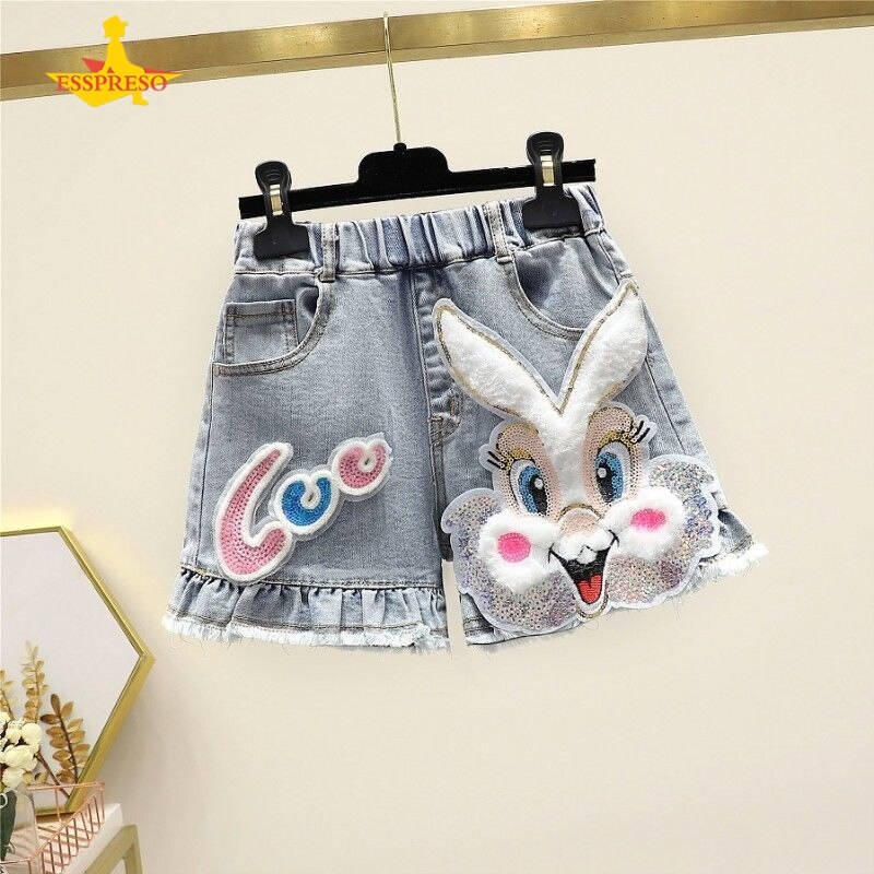 Esspreso Quần Short Trẻ Em Quần Short Denim Cho Bé Gái Quần Bò Phong Cách Phương Tây Hoạt Hình Quần Short Rộng Mặc Ngoài Mùa Hè