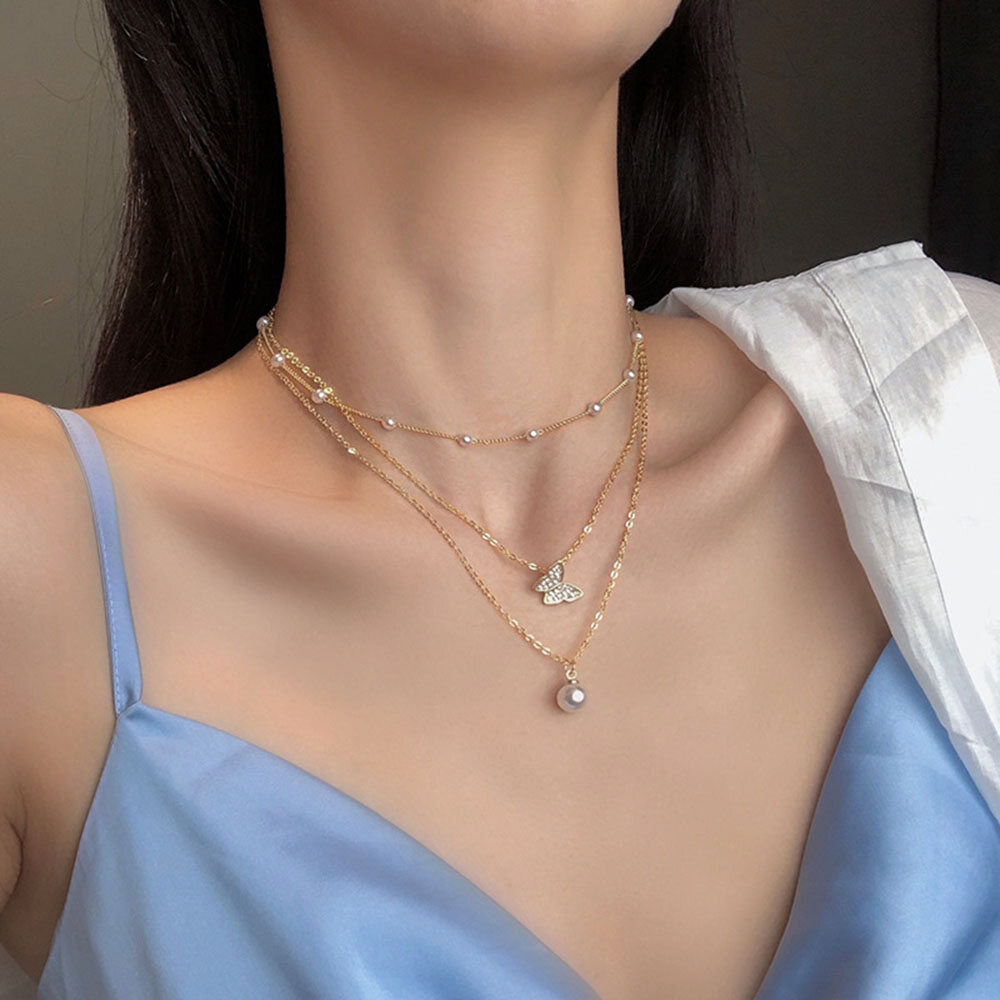 [Cửa Hàng YWYK] Vòng Cổ Ngọc Trai Bướm Nhiều Lớp Hàn Quốc Phụ Kiện Trang Sức Dây Chuyền Xương Đòn Tuyệt Đẹp Cho Nữ