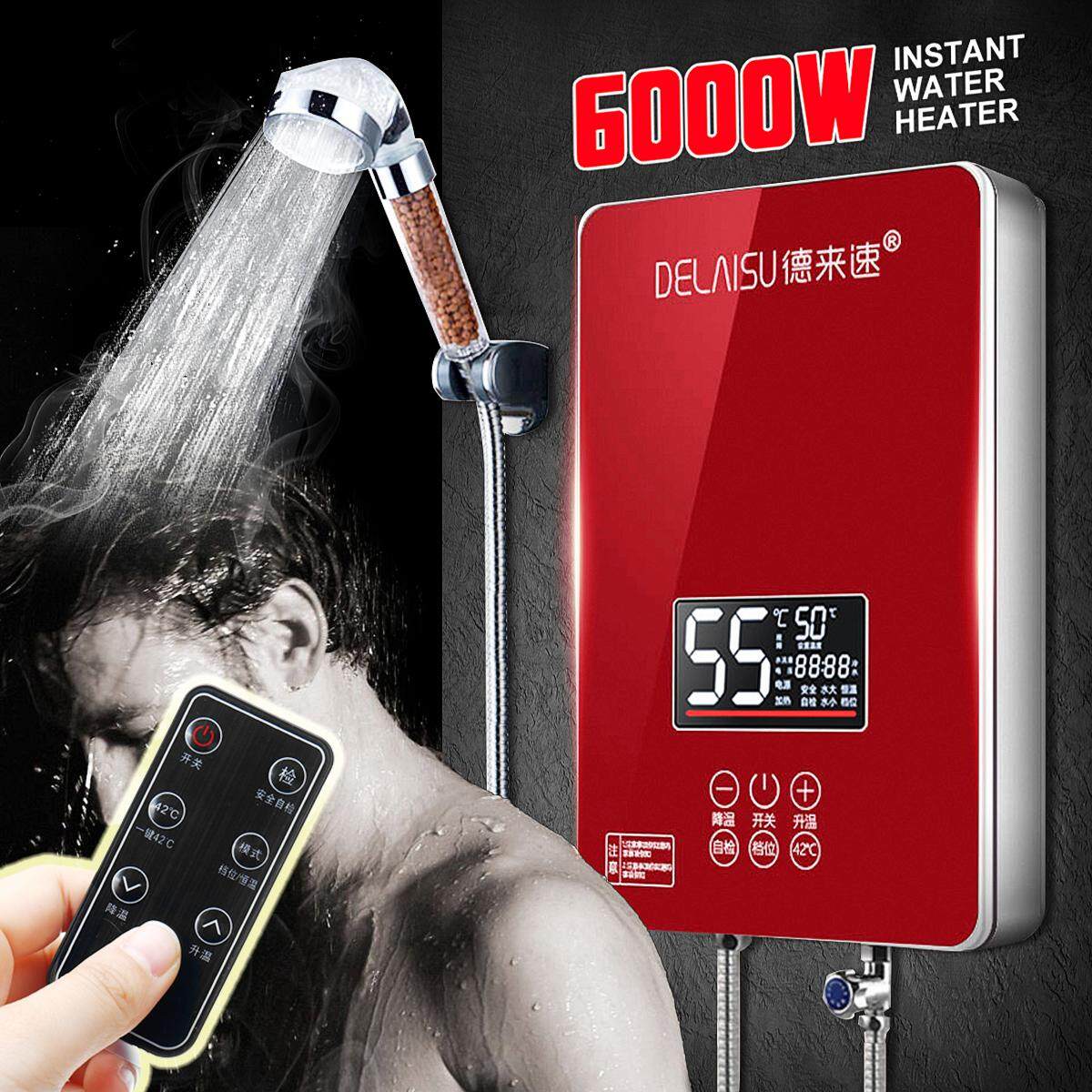 Generic 6000W Tankless Instant Electric Hot Water Heater Boiler W/ Shower Head & Remote Black