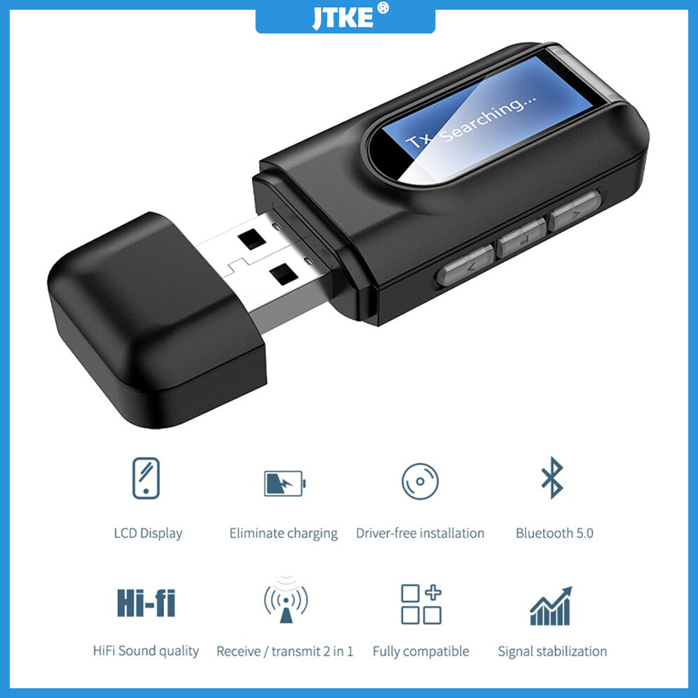 JTKE Dongle USB 2 Trong 1 Bộ Thu Âm Thanh Bluetooth 5.0 Bộ Chuyển Đổi Không Dây AUX Giắc Cắm 3.5Mm Màn Hình LCD Cho Xe Hơi Máy Vi Tính