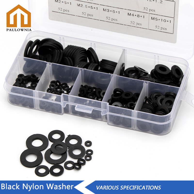 CKEGUO 364PCS Nylon Flat Washer Assortment Kit Black Round Metric Sealing Spacer Washers Gasket Classification Set Compatible with M2 M2.5 M3 M4 M5 M6 M8 