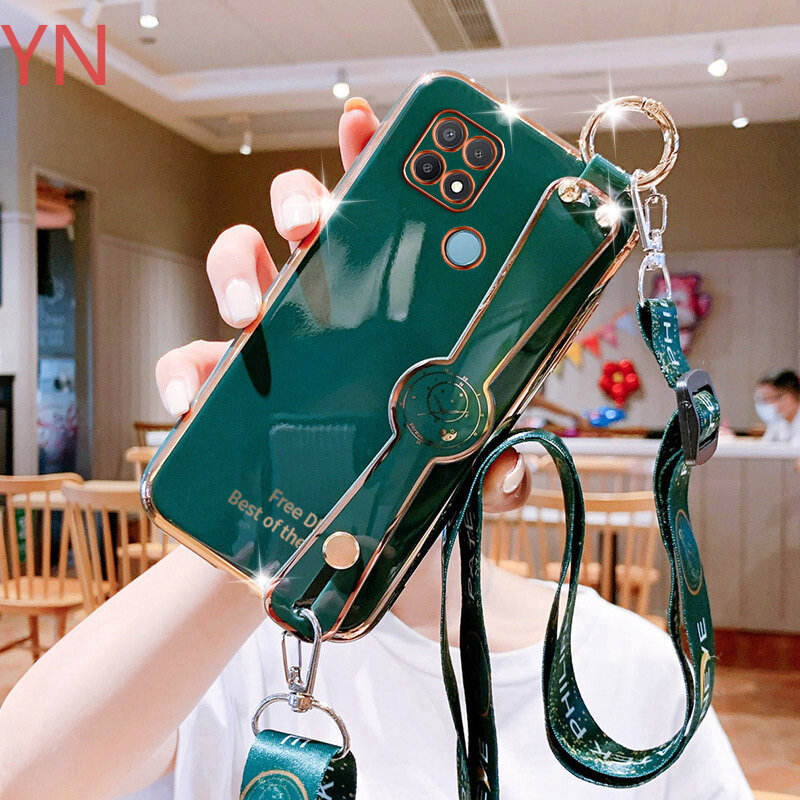 Ốp Cho OPPO A15 A15S Có Dây Đeo & Giá Đỡ Dây Đeo Cổ Tay, Ốp Điện Thoại Mạ Siêu Mỏng Sáng Bóng Sang Trọng Ốp Bảo Vệ Chống Sốc Bằng Silicon TPU Mềm Dành Cho OPPO A15S A15