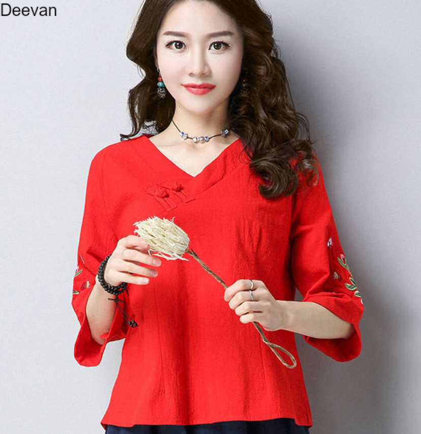 Deevan 1591774321 CottonDesign Áo Thun Nữ Thêu Vải Cotton Phong Cách Dân Tộc Mới Mùa Thu Áo Chui Đầu Tay Lửng Cổ Chữ V Áo Thun Cotton Cổ Điển Phong Cách Trung Quốc Ngoại Cỡ 3BT0206