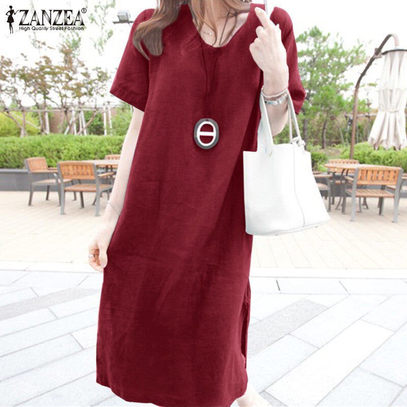 ZANZEA Đầm Thun Midi Suông Trơn Thường Ngày Mùa Hè Cổ Tròn Tay Ngắn Cho Nữ