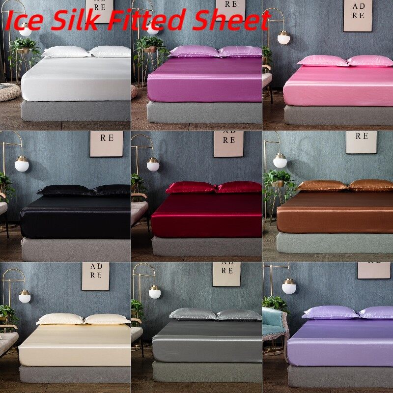Bộ 3 món ga trải nệm bằng lụa lạnh kèm vỏ gối ga trải giường vải satin màu trơn mát mẻ mùa hè ga trải giường mềm mại cảm giác mát mẻ