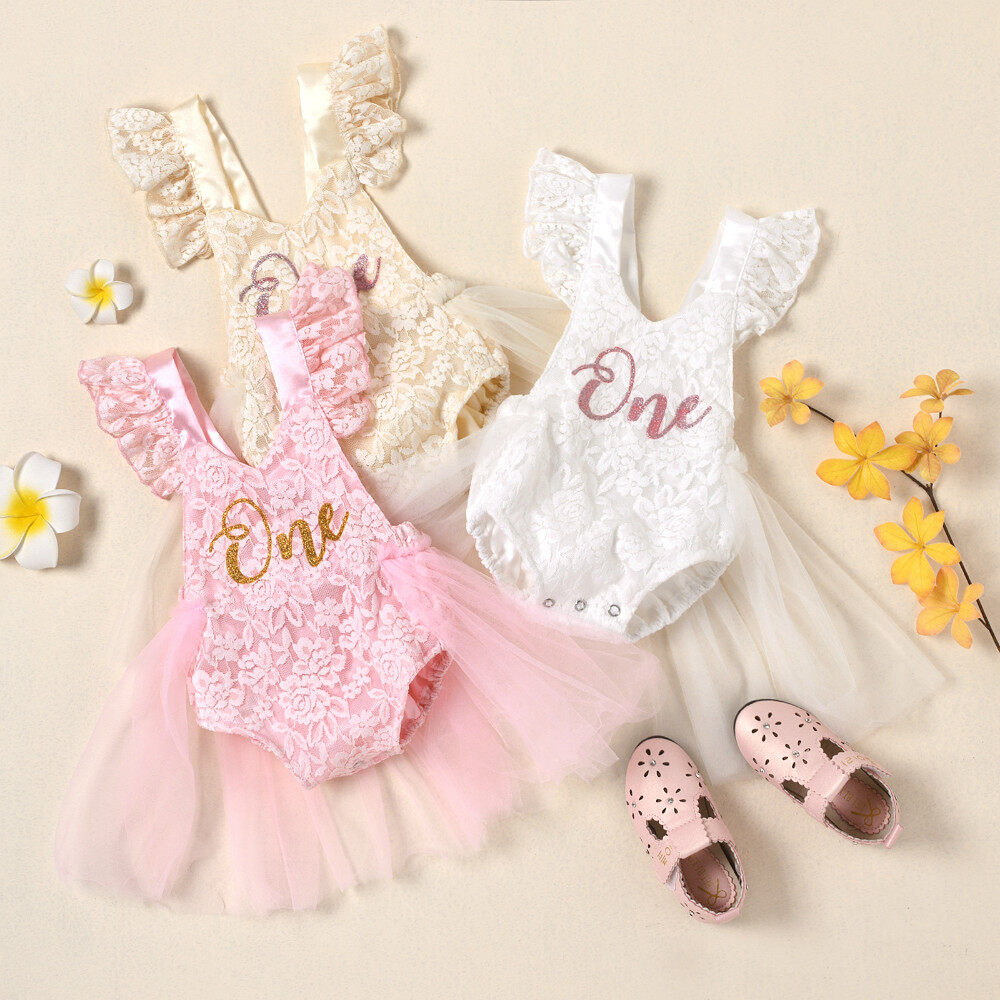 Baby Romper Dress with Mesh Lace One Letter Print Ruffles Princess Dress