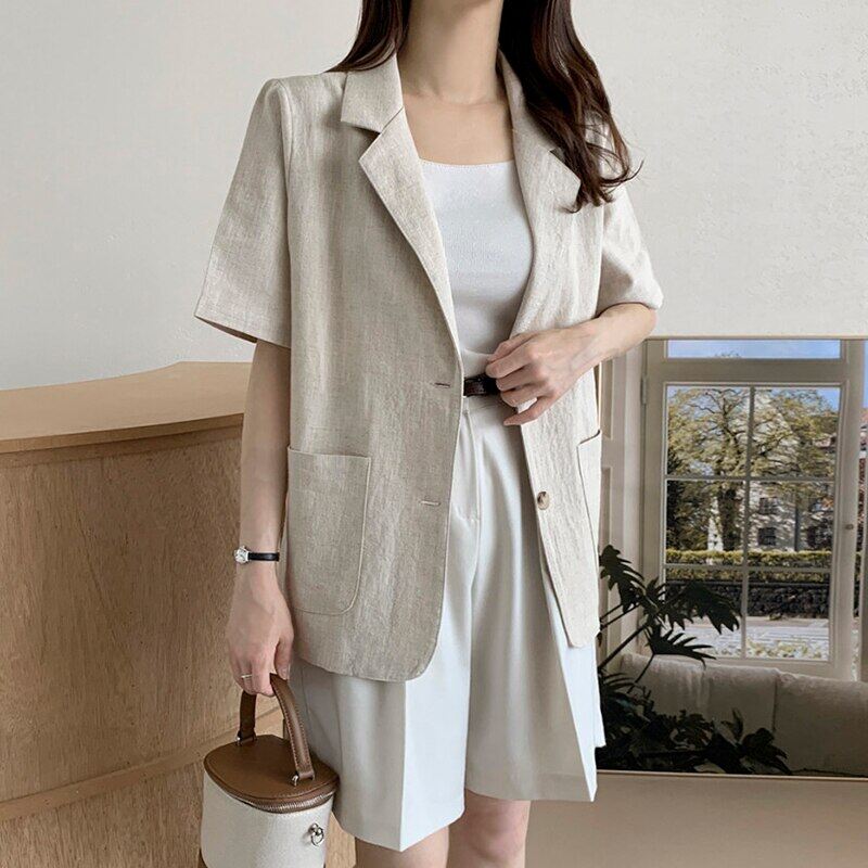 Áo nữ áo khoác Bộ đồ vải lanh cotton ngắn tay thường ngày dáng rộng một hàng cúc ve áo khí chất mùa hè hoài cổ mới sang trọng Hàn Quốc