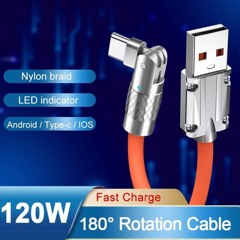 Cáp sạc siêu nhanh xoay 120 ° chơi game 6a 180 w cáp sạc type-c chơi game di động cáp silicon lỏng cho điện thoại xiaomi 1.2m