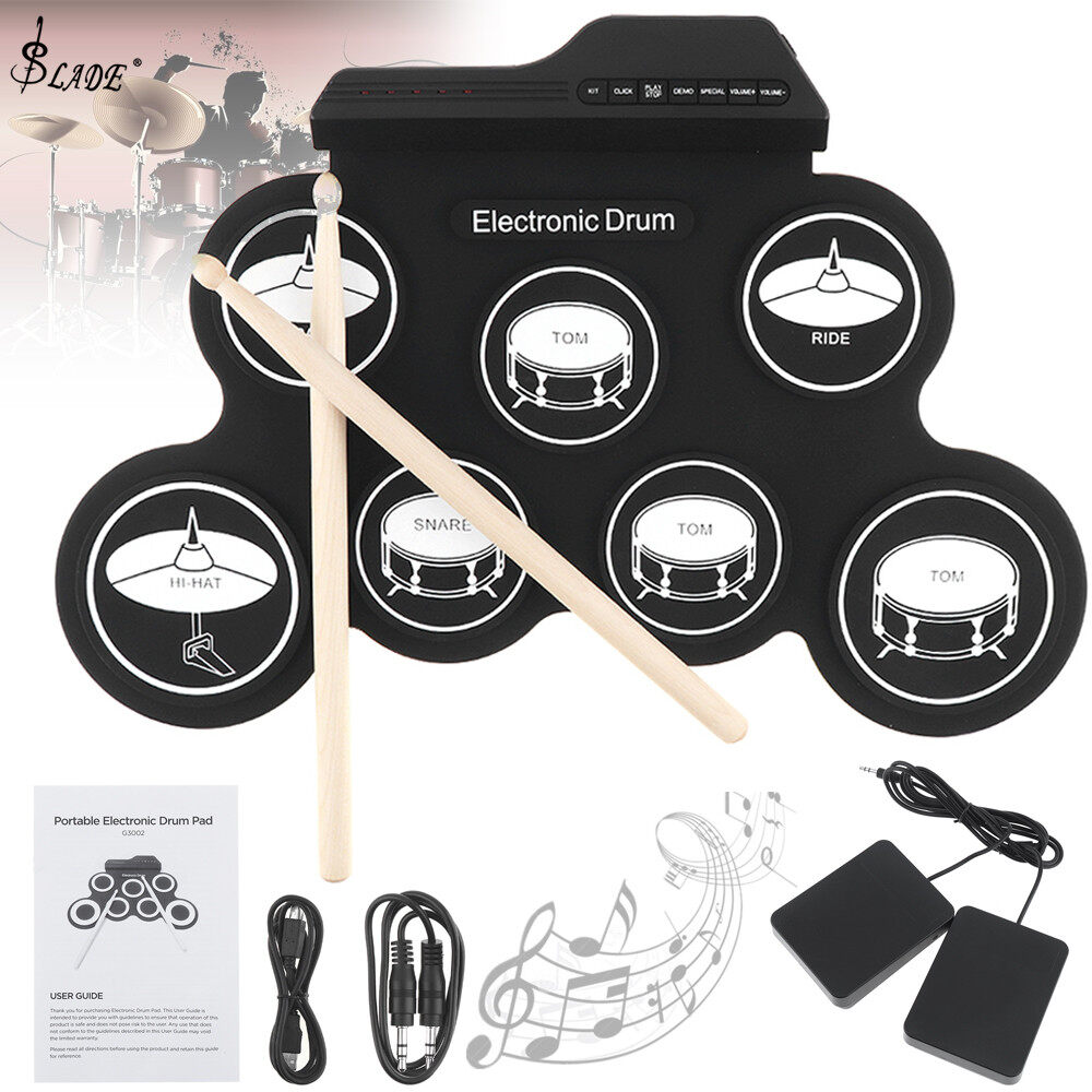 Slade kỹ thuật số Roll-Up Bộ trống có thể gập lại Silicone điện trống Pad thực hành thiết lập với dùi trống và bàn đạp