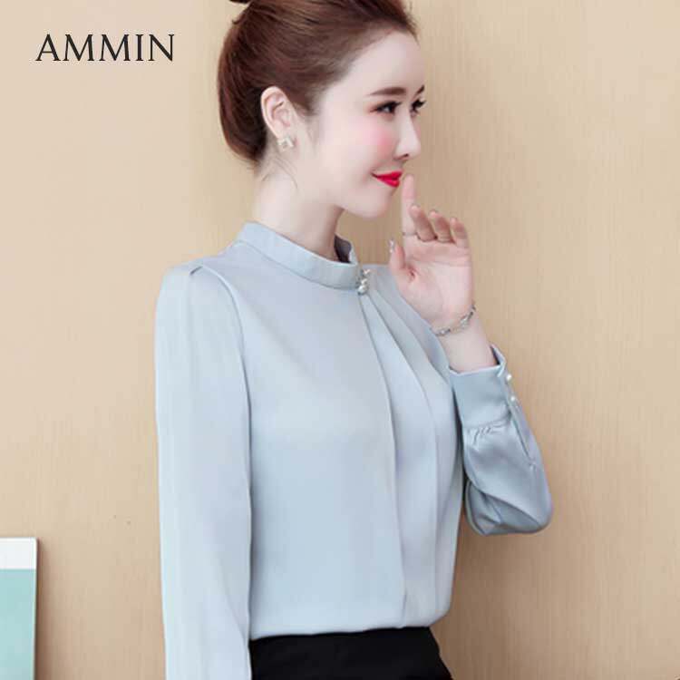 AMMIN Áo Voan Mới Phong Cách Hàn Quốc, Áo Cánh Nữ Công Sở Mặc Thường Ngày Vải Sa Tanh Đính Cườm Dài Tay