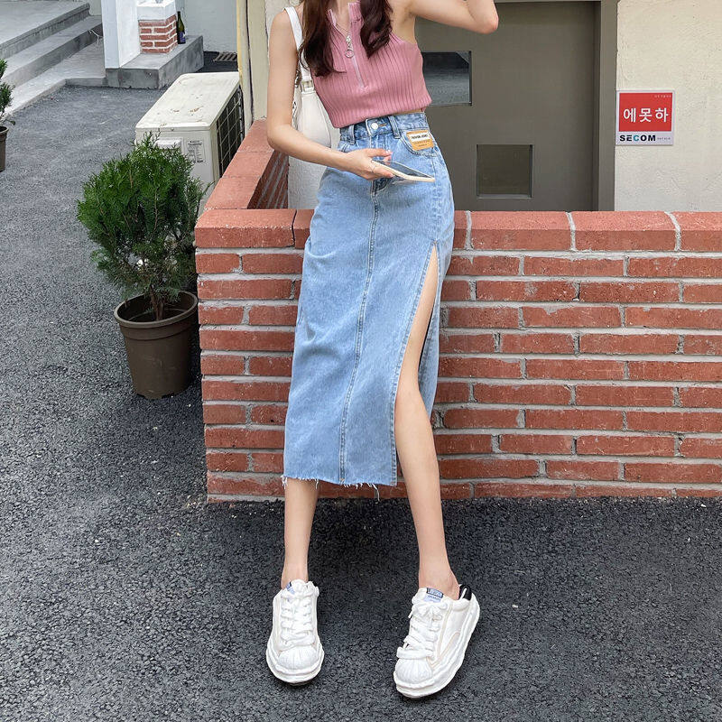 PKOGF Chân Váy Jean Nữ Váy Denim Thường Ngày Dáng Ôm, Váy Bò Mùa Hè Thời Trang Dáng Chữ A Xẻ Tà Bên Eo Cao