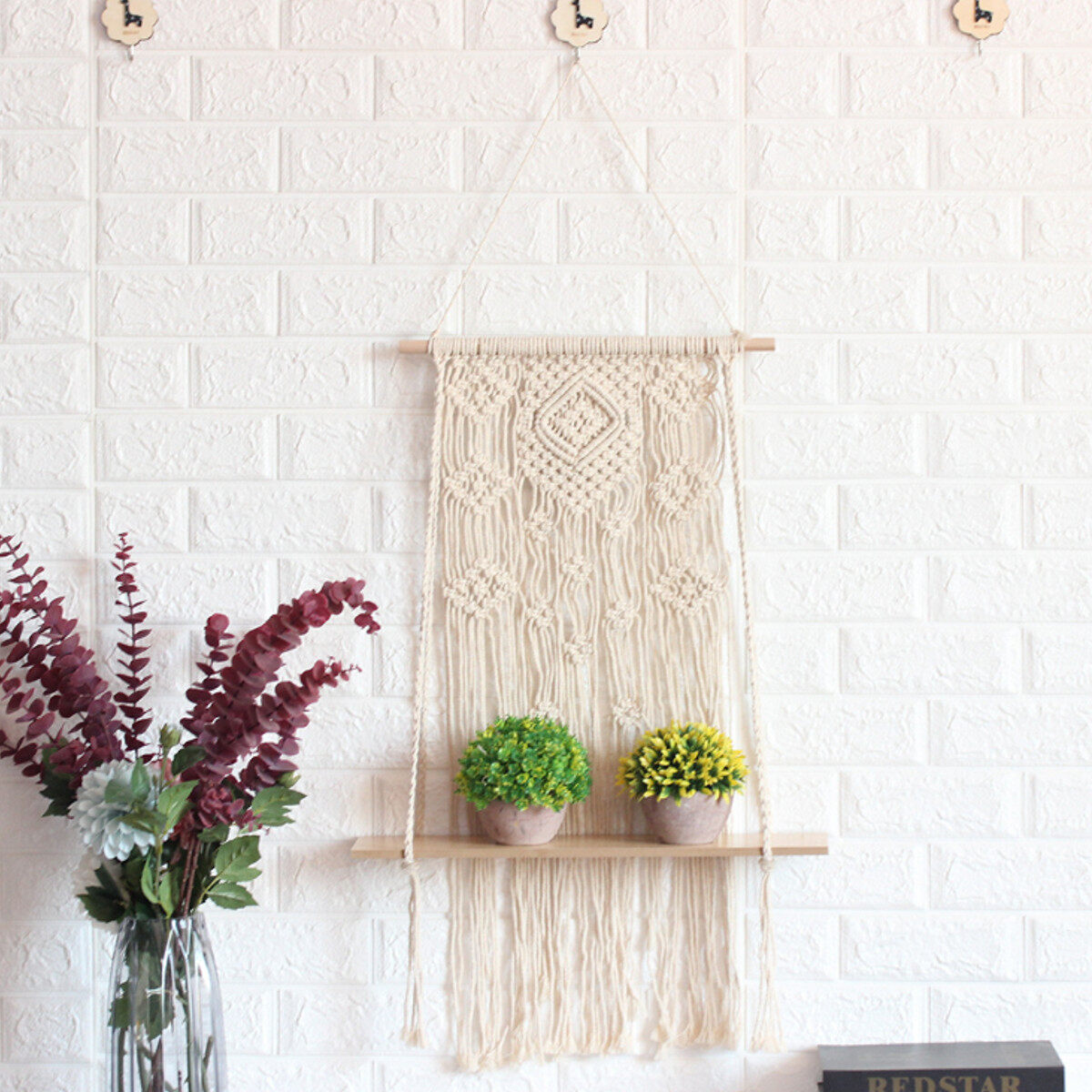 Bohemia madera hechos a mano la pared cuelgan Tapiz cuerda estante