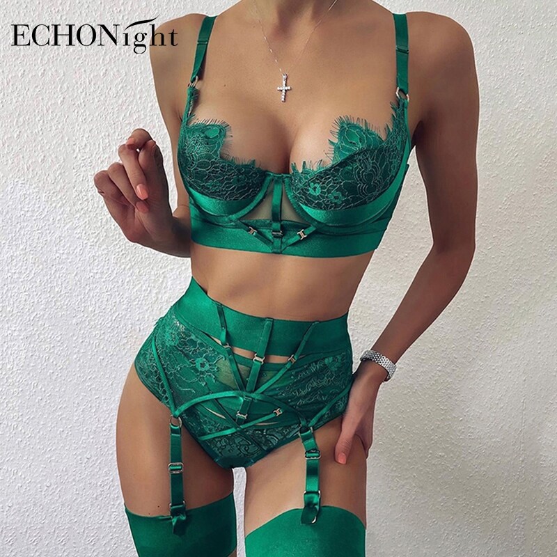 {hot} Echonight Lingerie Set Women Bandage Sexy Bra Set Push up Underwear Set Sexy Lace Lenceria 3 Piece Set Women 39;s Underwear Sets