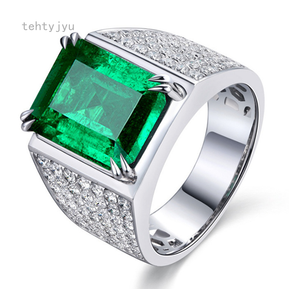Nhẫn Nam Bằng Bạc YT-925 Hình Chữ Nhật Dài Nhẫn Ngọc Lục Bảo Cho Nam Khối Zirconia Sang Trọng Nhẫn Cưới
