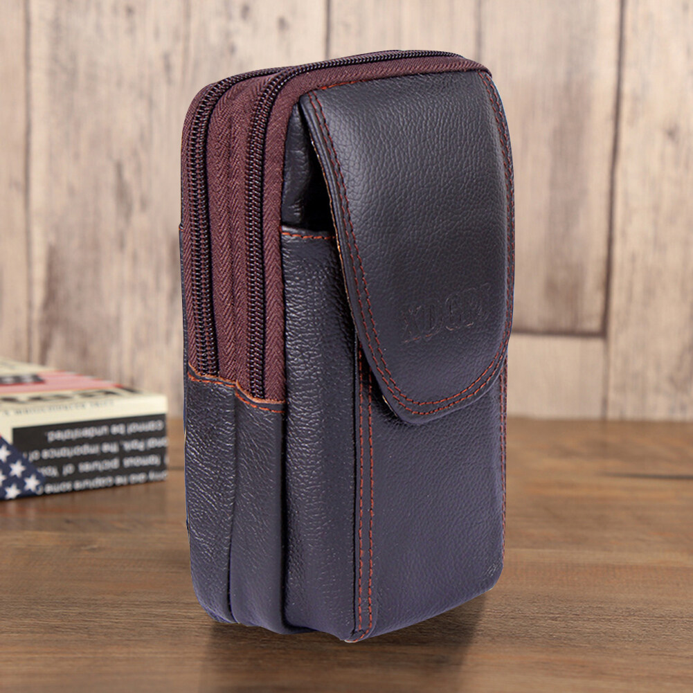 Men Cowhide Leather Mobile Phone Belt Bags Solid Color Three