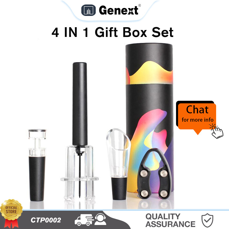 GENEXT Dụng Cụ Mở Rượu Vang Bơm Hơi Bộ Hộp Quà Tặng 4 Trong 1, Dụng Cụ Rót Nút Chai Rượu Vang Dụng Cụ Cắt Giấy Bạc