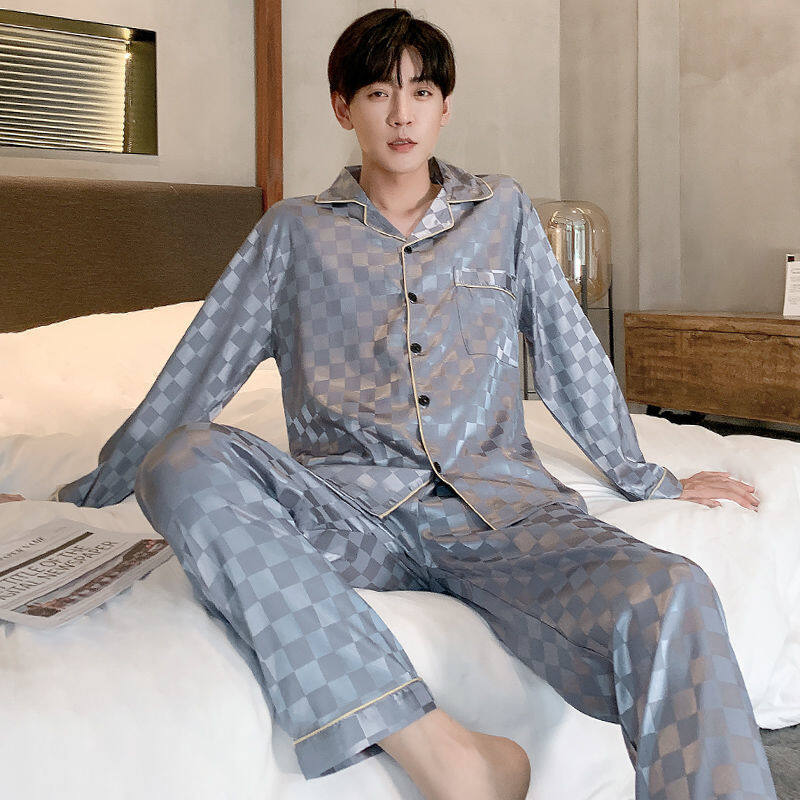  Cỡ lỡn 1 bộ lụa băng ngủ cho Hàn Quốc Nam Dài Tay Phong Cách Bộ đồ ngủ rộng rãi + quần kẻ ca rô quần ngủ 