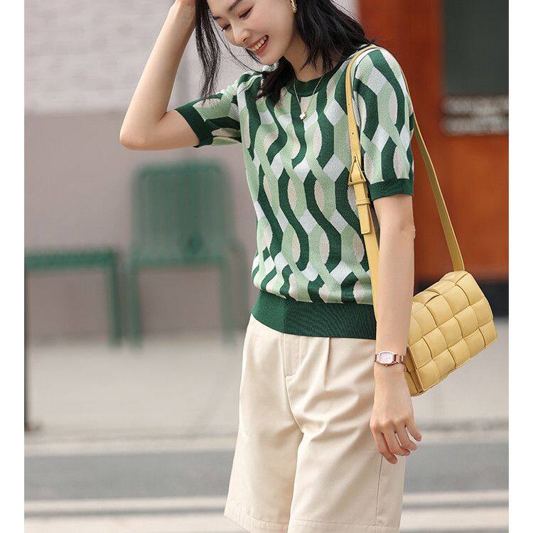 Áo Thun Nữ Tay Ngắn Thiết Kế Thời Trang Áo Dệt Kim Kẻ Sọc Cổ Điển Thường Ngày Áo Thun Nữ Đan Ren Dưa Hấu