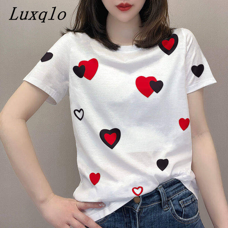 Luxqlo áo thun cotton ngắn tay ngoại cỡ quần áo nữ áo thun thời trang mới cổ tròn in họa tiết thường ngày áo nữ mùa hè hoang dã