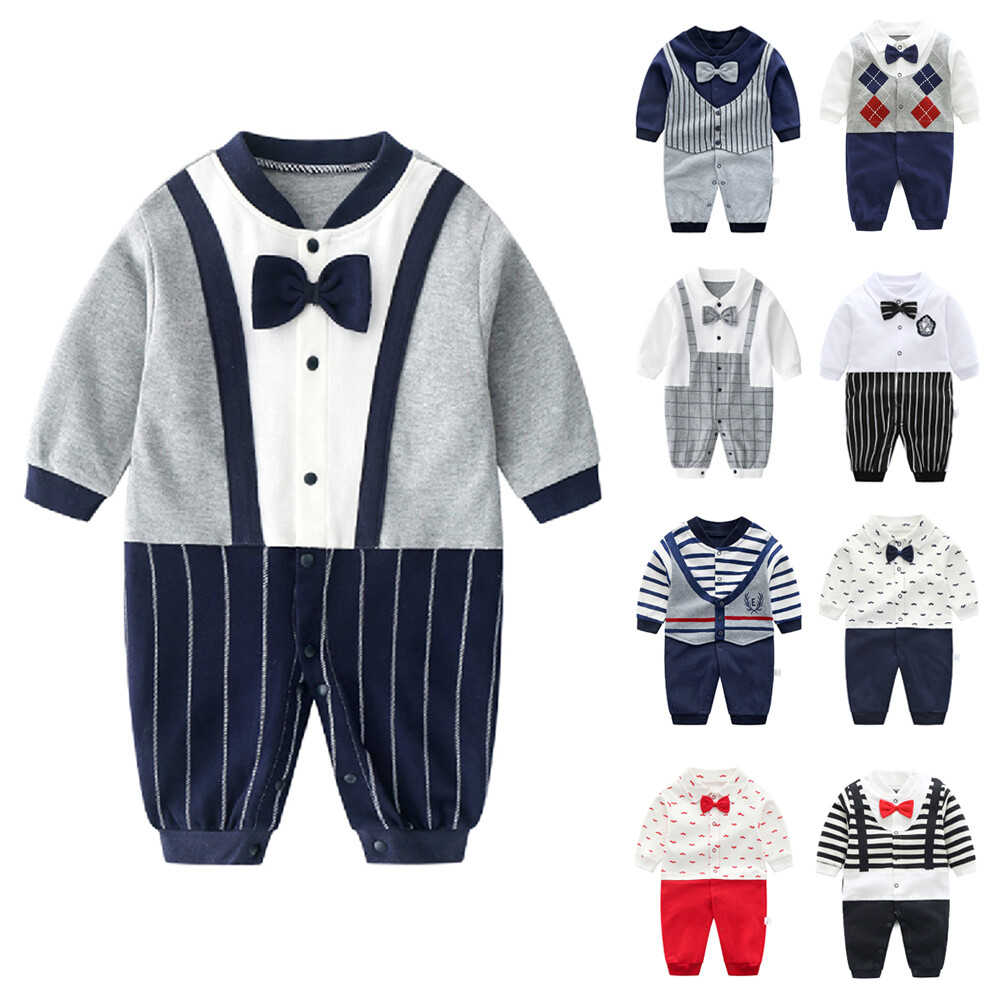 0-18 เดือน Bé Romper Quý Ông Bow Tie ชุดหล่อลูกชาย Dài Tay Áo Bên Sinh Nhật Bé Quần Áo Trẻ Sơ Sinh Quần Áo Em Bé Một Mảnh Phù Hợp Với Bé ชุดเด็กอ่อน ชุดเด็กแรกเกิด ชุดบอดี้สูทเด็กผู้ชาย