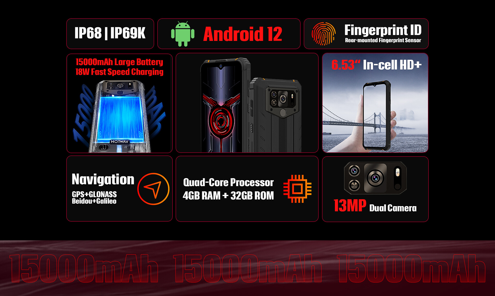 Large battery capacity】HOTWAV W10 Rugged Smartphone 15000mAh