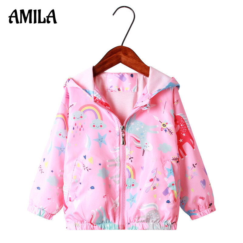 AMILA Girls' coat new full print cartoon unicorn hooded girls windbreaker coat