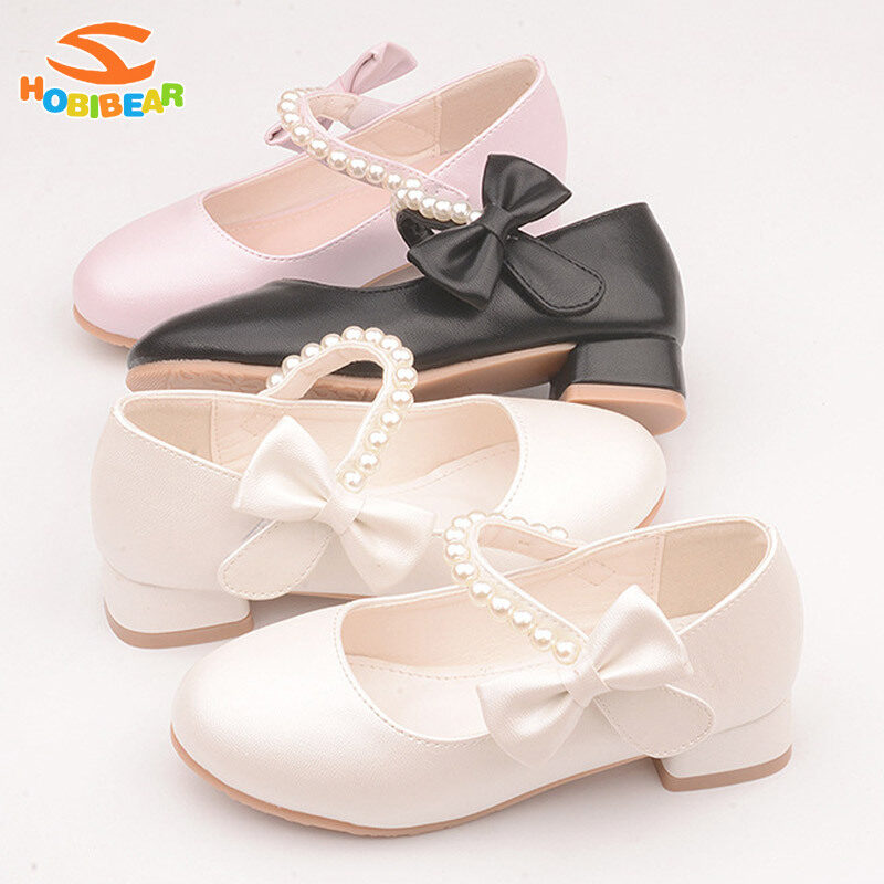 HOBIBEAR children's leather shoes white bow girls high-heeled princess shoes pearl shoes ราคา 449 บาท*ส่งฟรี
