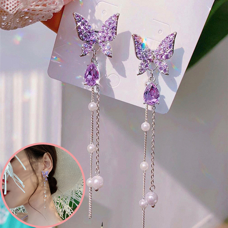 Bông Tai Mặt Dây Chuyền Ngọc Trai Dài Hình Bướm Màu Tím Bông Tai Tua Rua Dài Cho Nữ Bông Tai Cá Tính