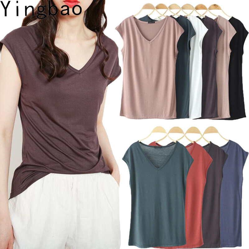 Yingbao M-2XL T shirts for Women Home Wear Summer Sleeveless Shirt Bamboo Fiber V-neck Top Plain White Pink Modal Cotton Black Dark Blue Green Ladies Slim Tshirt Korean Style
