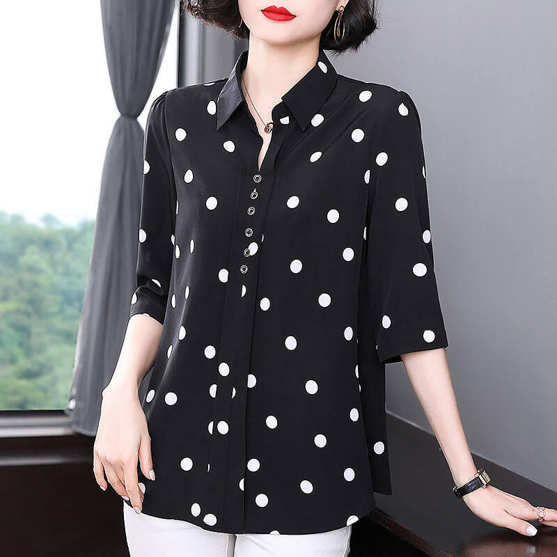  Polka Dot Áo Sơ Mi Của Phụ Nữ Quần Áo Mùa Xuân Trung Niên Áo Sơ Mi Mid-Tay Áo Hàng Đầu Của Phụ Nữ Đầu Nhỏ Mùa Xuân Và Mùa Hè 